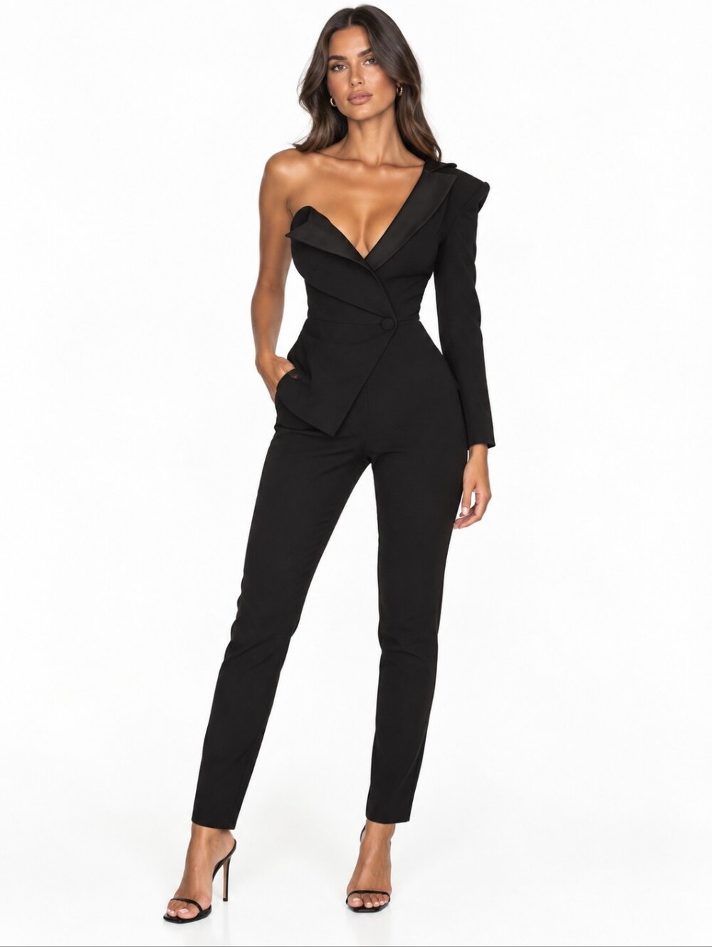 House Of CB Rosaria Black One Shoulder Tuxedo Jumpsuit Size XS